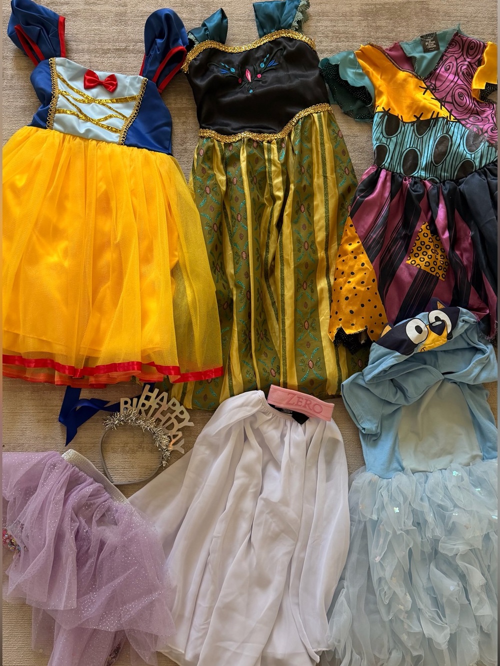 DISNEY PRINCESS DRESSES LOT OF 6 COSTUMES (Snow White, Frozen, Bluey; Sz 2-6)